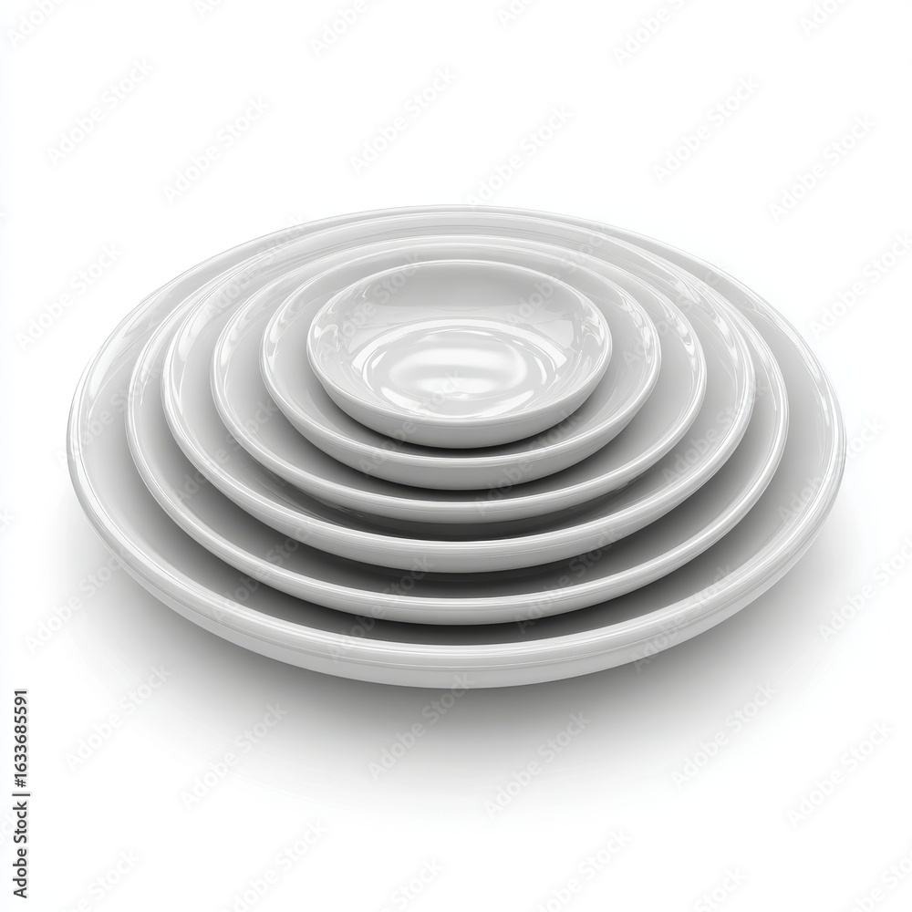 Obraz premium A stack of white plates neatly arranged, perfect for a formal dining setting. The plates vary in size, creating a visually appealing arrangement.