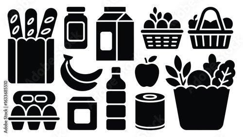 Assortment of grocery items and food products on white background bread milk