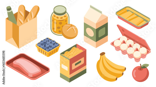 Assortment of grocery items in isometric view on white background food groceries