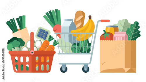 Colorful grocery basket, shopping cart, and paper bag filled with food image photo