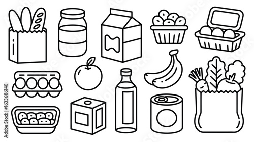 Assortment of grocery items in a simple line art style food shopping