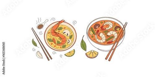 Print   Tom Yum Kung spicy soup Thai famous food vector illustration. Thai food concept