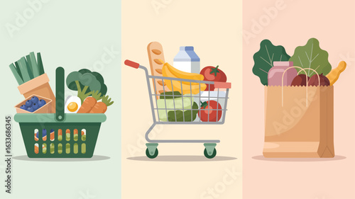 Green grocery basket, shopping cart, and paper bag with food on colored backgrounds