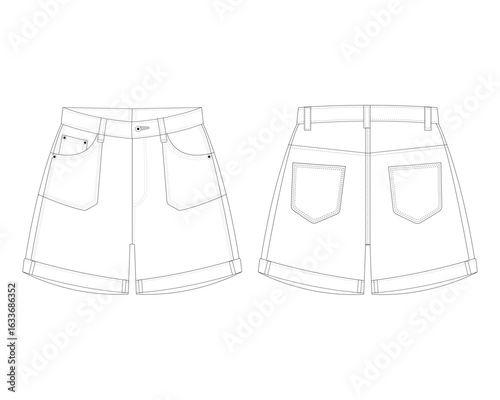 Baggy Denim Shorts Fashion Flat Sketch. back and front