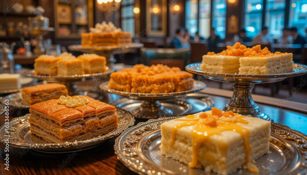 Fototapeta premium Assortment of delicious desserts beautifully arranged on silver platters, ready to be enjoyed.