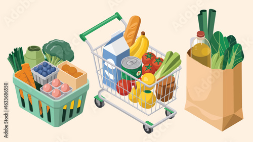 Isometric grocery basket shopping cart and paper bag with food items image photo