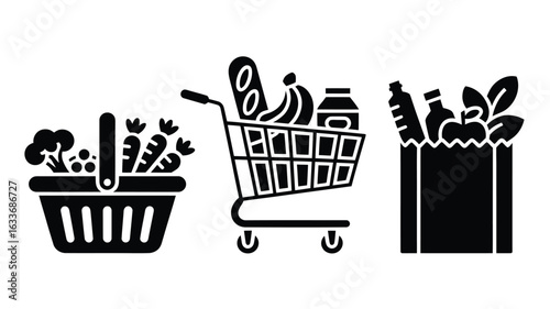 Grocery shopping icons featuring basket cart and paper bag trolley