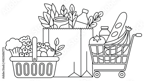 Outline icons of grocery basket shopping cart and paper bag with food trolley