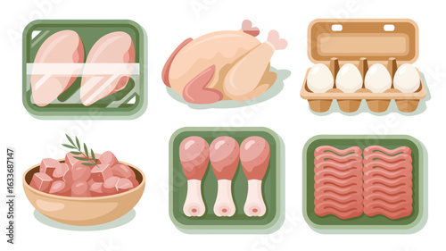 Assortment of raw meat and eggs in packaging and bowl arranged in grid chicken breast