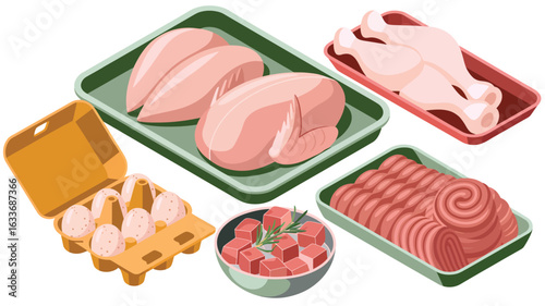 Assortment of Raw and Cooked Poultry and Eggs in Packaging Keywords: chicken, raw chicken, cooked