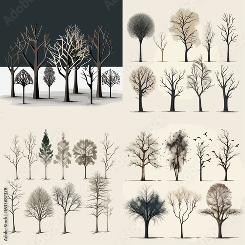 Diverse selection of  graphic representations of leafless trees, arranged in a grid, displayed against neutral backgrounds, showcasing varied tones and styles.