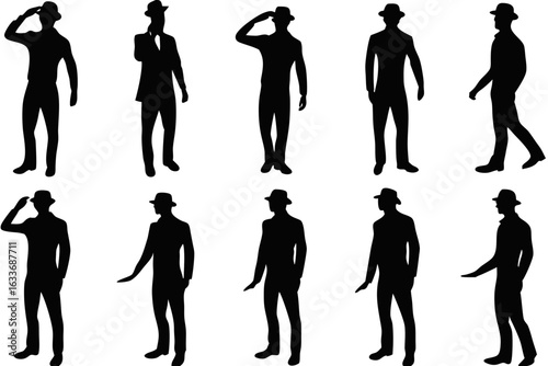 Silhouette Collection of Men in Hats and Suits Nine silhouette figures men suits hats showcasing