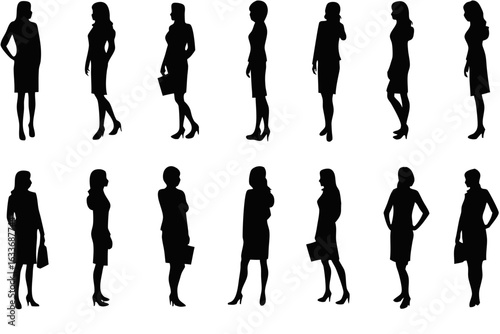 Collection of Businesswomen Silhouettes in Various Poses Silhouette set twelve diverse businesswomen silhouettes showcasing different