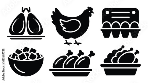 Chicken products and food icons in black silhouette eggs egg carton