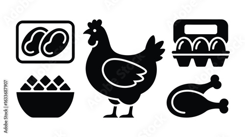 Chicken products and food icons in black silhouette eggs egg carton