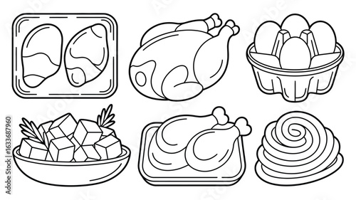Line art icons of chicken products and food items eggs egg carton