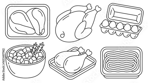 Line art icons of chicken products and food items eggs egg carton