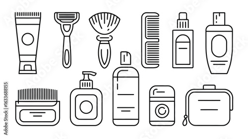 Line art icons of men's grooming and shaving products on a white background hygiene