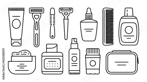 Line art icons of men's grooming and shaving products with cream on a white background