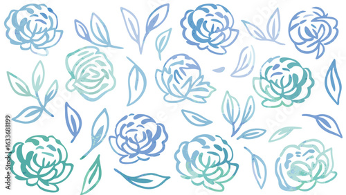 Watercolor floral pattern with blue and green flowers and leaves scattered on a white background