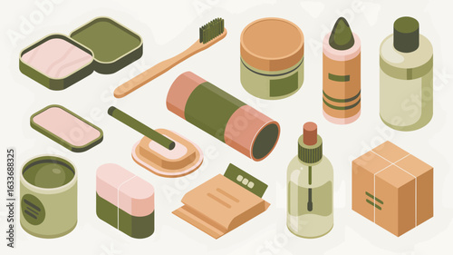 Collection of sustainable personal care items in an isometric arrangement soap toothbrush