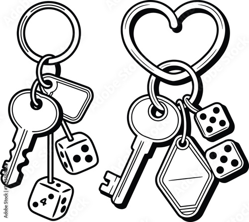 Couple Keychains with Dice and Keys, Love and Luck Vector Illustration.