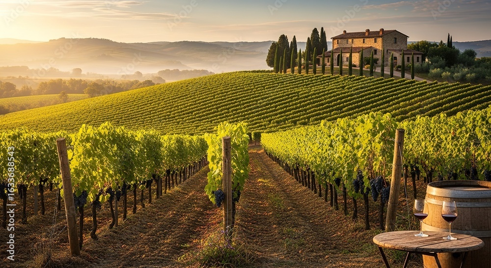 Fototapeta premium Vineyard with rows of grape vines and a building on a hilltop.