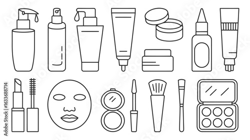 Line art icons of makeup and skincare products arranged in two rows cosmetics beauty