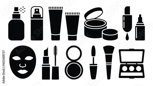 Set of cosmetic products and makeup tools in solid black silhouette cosmetics beauty