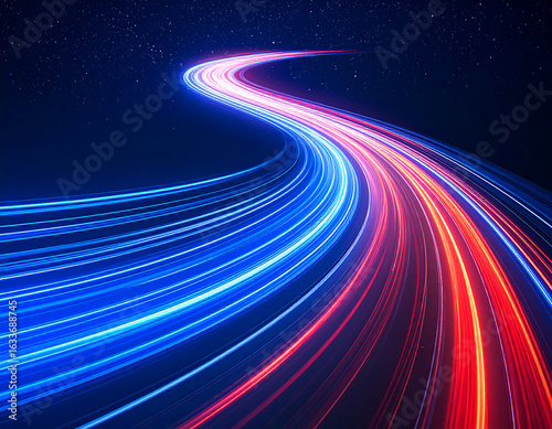 Light trails in red and blue curve through a dark, star-filled space, suggesting speed and movement.