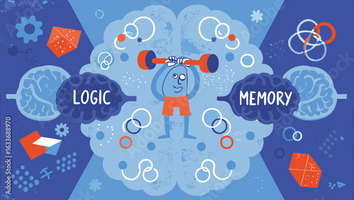 Brain lifting weights between logic and memory with gears and geometric shapes around it