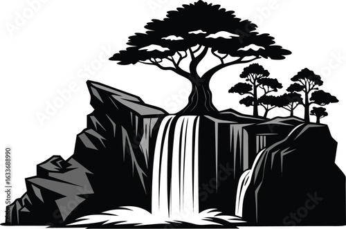 This collection of black and white images depicts illustrations of waterfalls, showing different cascades and surrounding scenery.