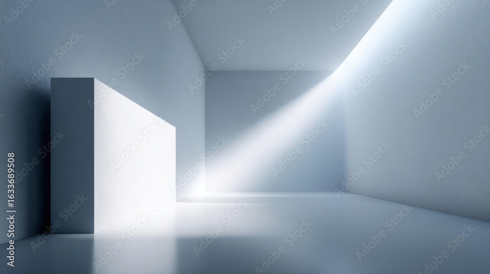 Fototapeta premium Minimalist Empty Room, Light Beam, White Wall, Gray Floor, Interior Design