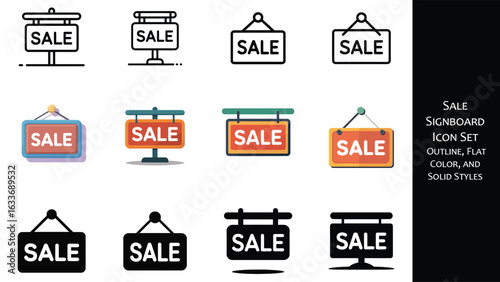 Sale Signboard Icon Set Outline Flat Color and Solid Styles shopping discount