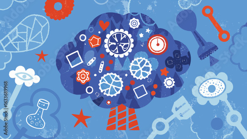 Illustration of a whimsical tree composed of various shapes and objects on a blue background