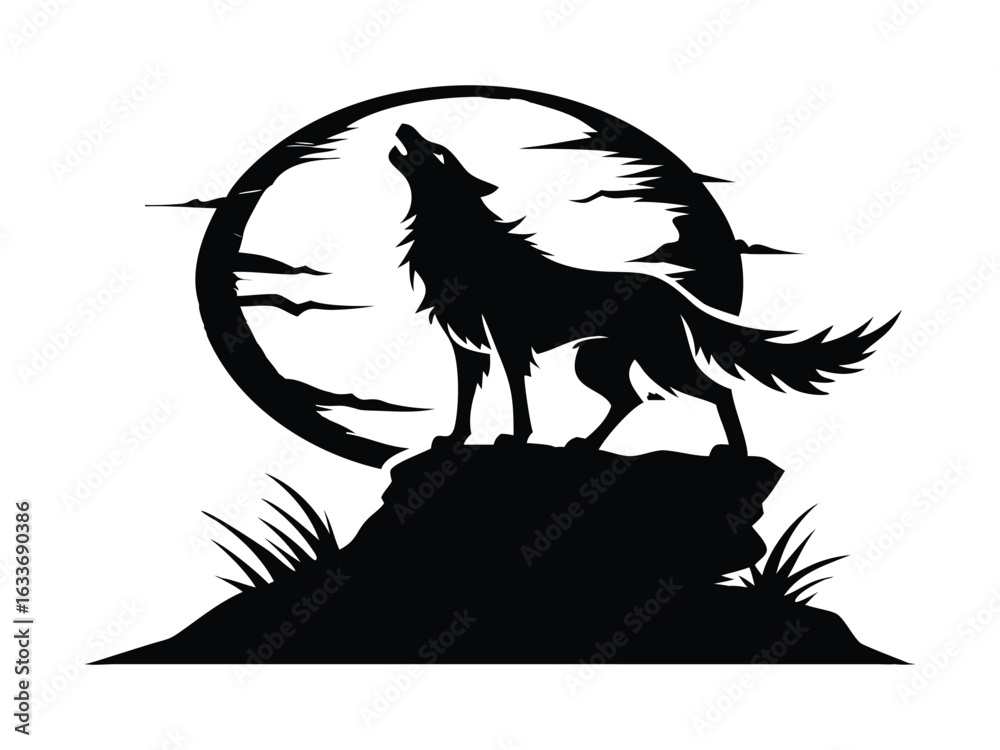 Obraz premium Howling Wolf Silhouette on Mountain