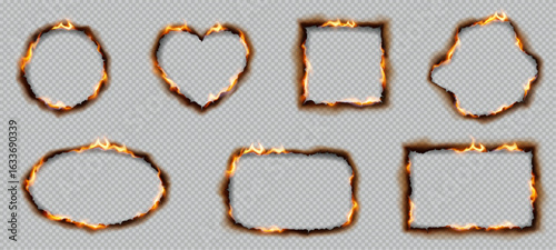 Collection of shapes with fiery edges on transparent background. Includes circle, heart, and rectangle. Ideal for graphic design, digital art projects.