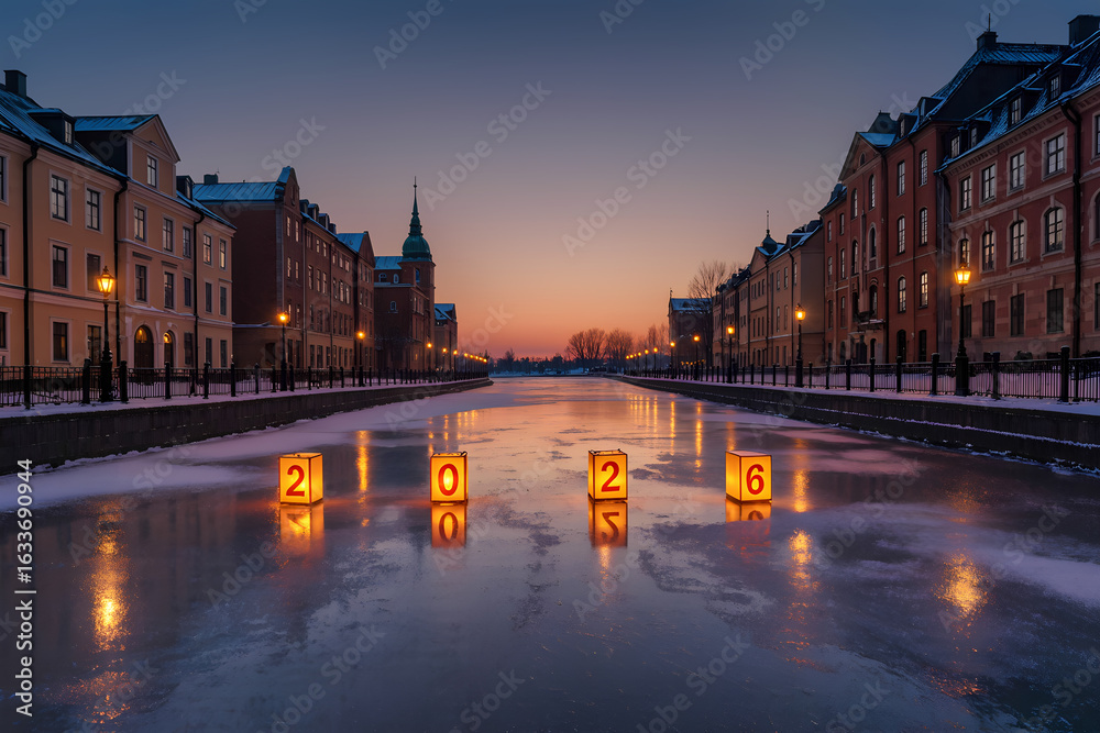 Fototapeta premium Winter evening in a historic waterfront town with illuminated numbers marking the new year 2026