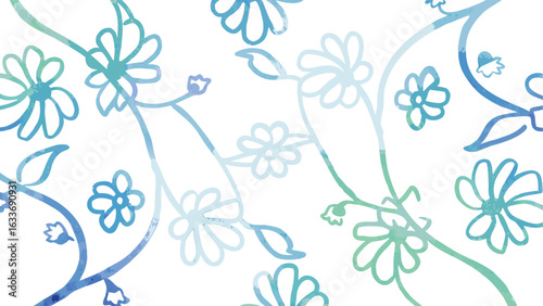 Watercolor floral pattern with blue and green hues on a white background featuring flowers and vines