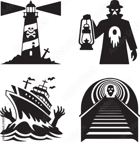 horror, nautical, scary, sea, evil, spooky, haunted, lighthouse, ghost, ship, monster, curse, fear, icon, set, vector