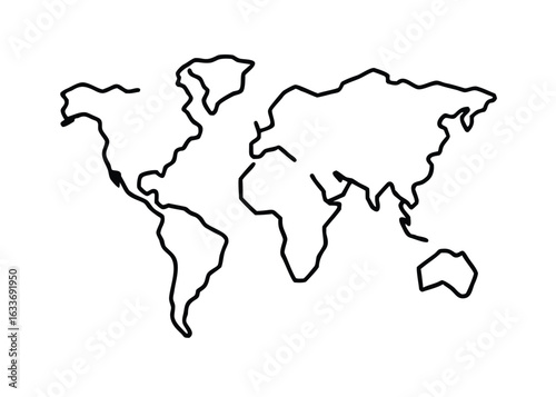 Minimalist world map outline in black line on white background simple geographic representation
