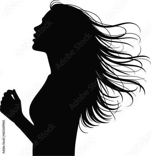Woman profile flowing hair praying hands silhouette