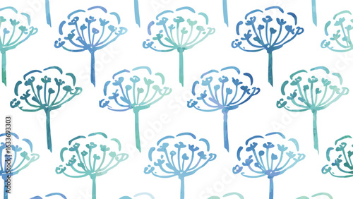 Repeating floral pattern with watercolor effect in shades of blue and green on a white background design