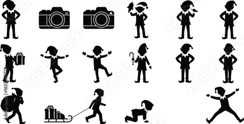 Christmas elf silhouette set, holiday poses, gift carrying, candy cane, sled pulling, festive icons, black vector art, camera, celebration