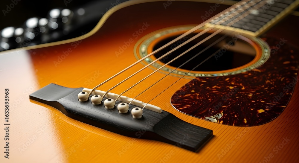 Fototapeta premium Detailed close-up of an acoustic guitar body with sunburst finish, highlighting strings, bridge, and soundhole.