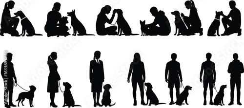 Dog interaction silhouette, people with pets, walking dog clipart, petting pose, leash training, black vector, companionship design, animal bond
