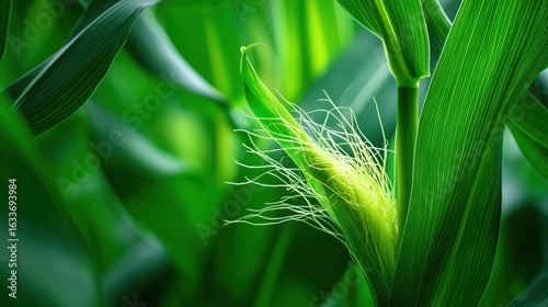 Close-up view of corn silk emerging from vibrant green corn plants in a field during the growing season