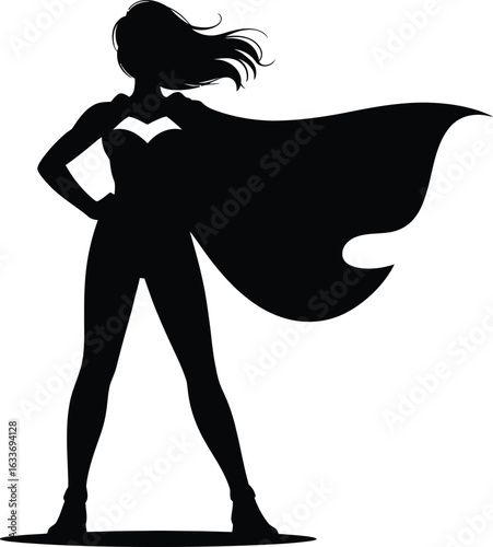 Powerful woman superhero cape flowing silhouette