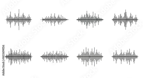 Multiple audio waveforms isolated on white background