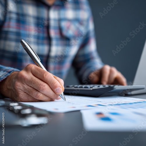 Close-up of person writing on documents with charts and calculator